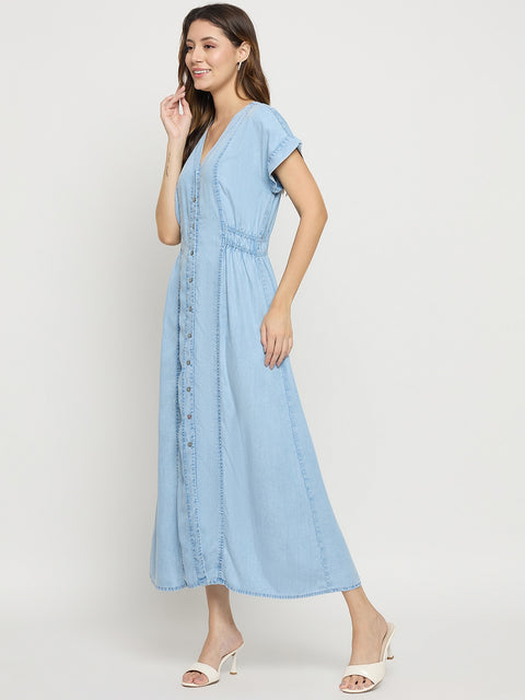 Madame Ice Blue Tencel V-Neck Short Sleeve A-Line Midi Dress
