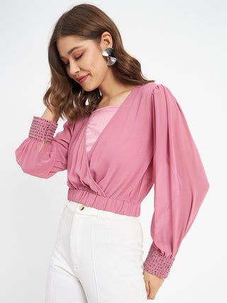 Madame Elasticated Hem Pink Wrap Crop Top