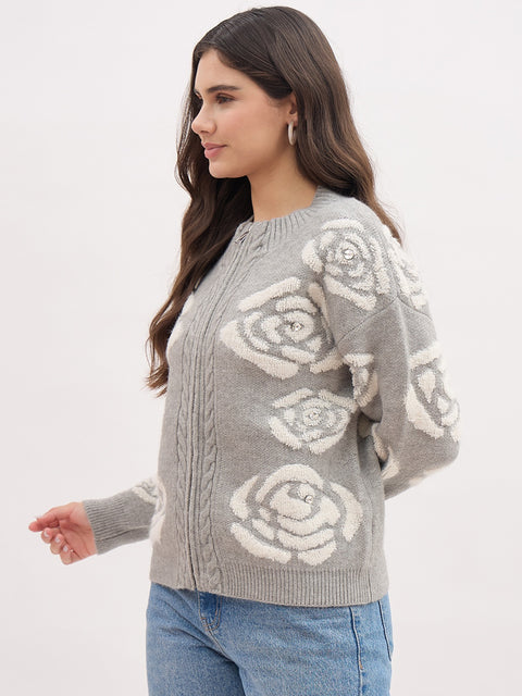 Madame Floral Design Printed Grey Sweater