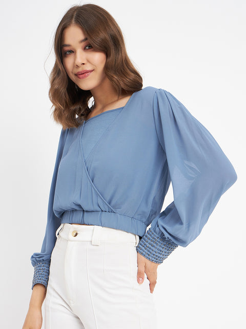 Madame Elasticated Hem Blue Wrap Crop Top