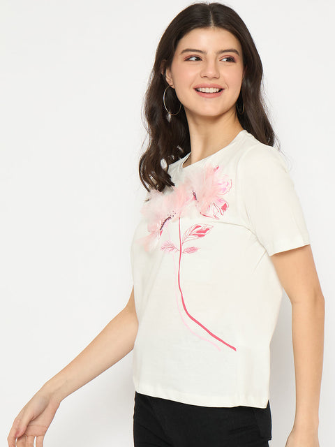 Madame Floral Applique White Cotton T-shirt