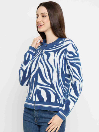Madame Animal Print Zip Blue Sweater