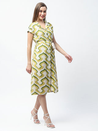 Madame Printed and Belted Green Midi Shirt Dress