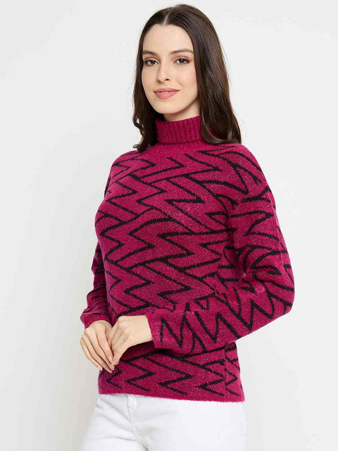 Madame Geometric Print High Neck Fuchsia Pink Sweater