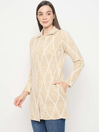 Madame Geometric Print Long Beige Cardigan