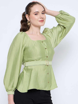 Madame Green Rayon Blend Square Neck Belted Button Front Top