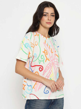 Madame All Over Print Half Sleeve White Cotton T-shirt