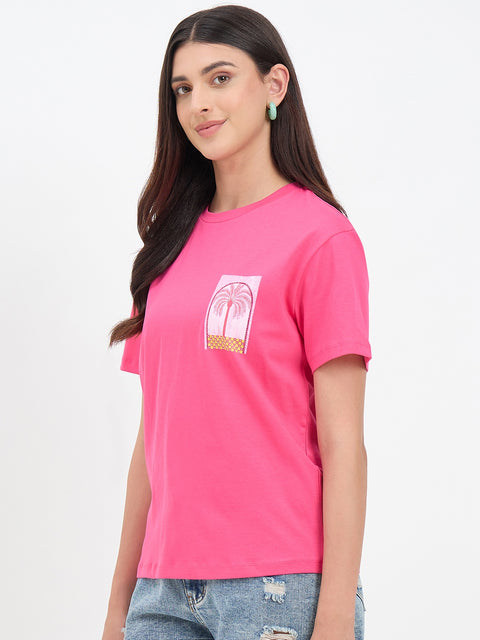 Madame Hot Pink Cotton Printed Half-Sleeve T-Shirt