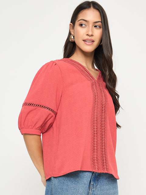 Madame Lace Detailed V-Neck Solid Red Knit Top