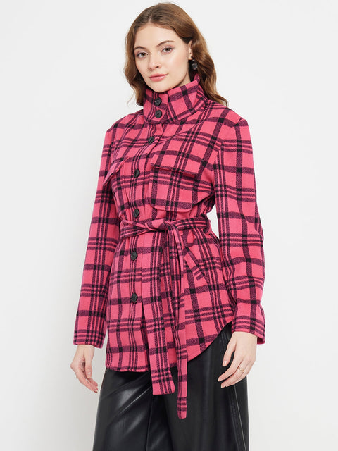 Madame Chequered Stand Collar Hot Pink Shacket