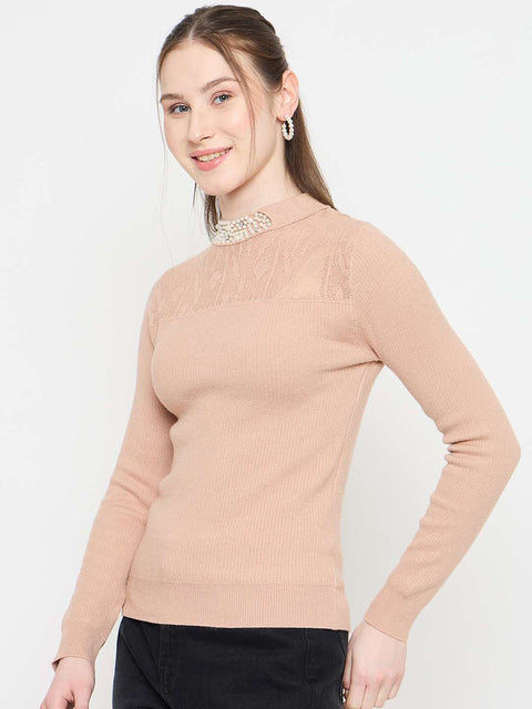 Madame Mock Neck Embellished Peach Sweater