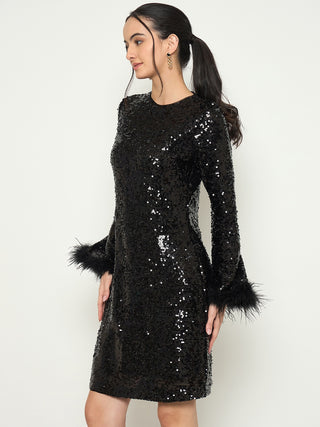 Madame Black Shimmery Midi Dress with Fur Flared Sleeves