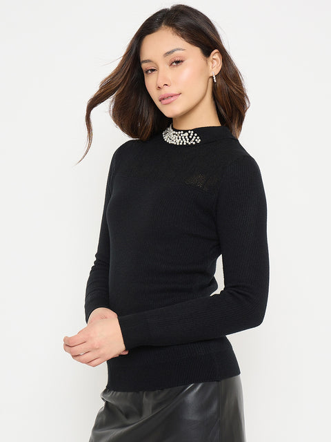 Madame Mock Neck Black Embellished Sweater