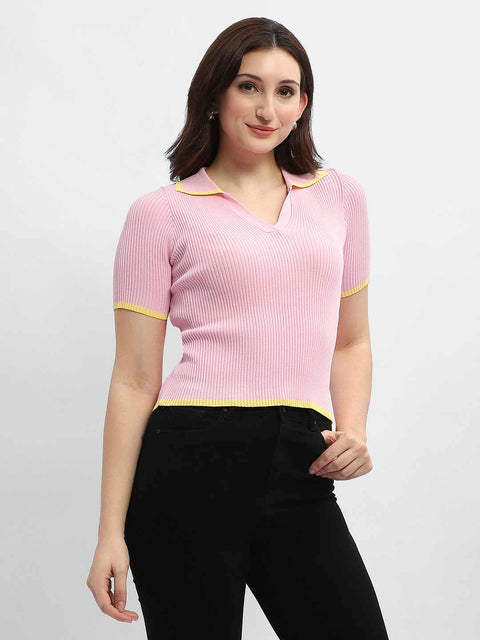 Madame Polo Neck Pink Ribbed T-Shirt