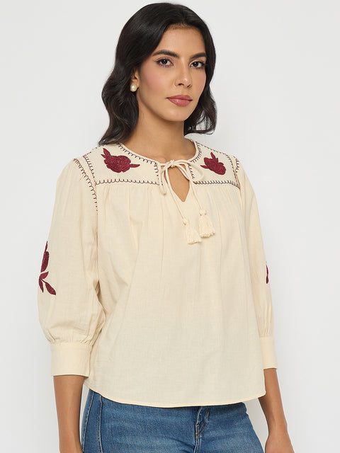 Madame Floral Embroidered Tie Neck Beige Top