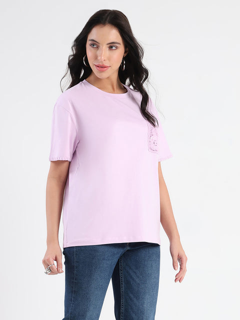 Madame Pocket Detailed Solid Mauve Cotton Blend T-shirt
