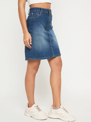 Madame Stone Wash Mid Blue Cotton Blend Mini Denim Skirt