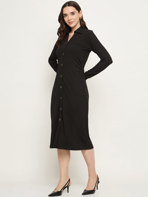 Madame Button Down Black Bodycon Midi Dress