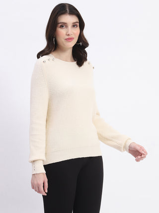Madame Button Detailed Solid Beige Knitted Sweater