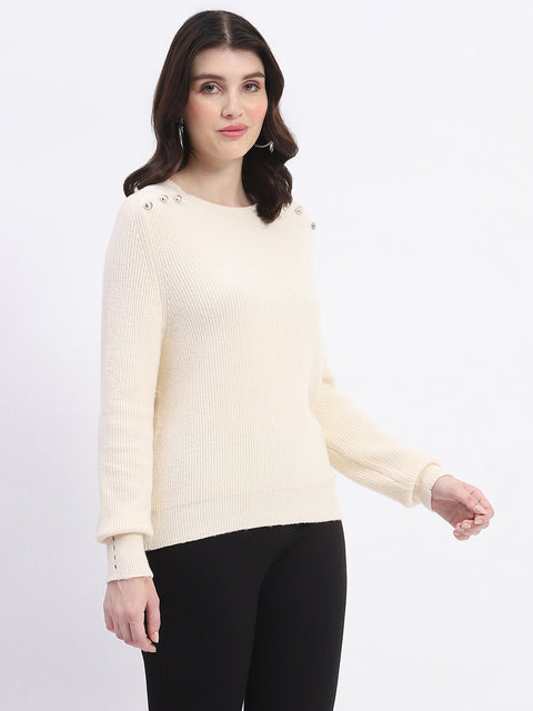 Madame Button Detailed Solid Beige Knitted Sweater