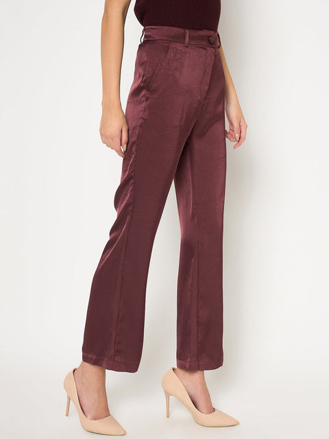 Madame Straight Fit Solid Maroon Trousers
