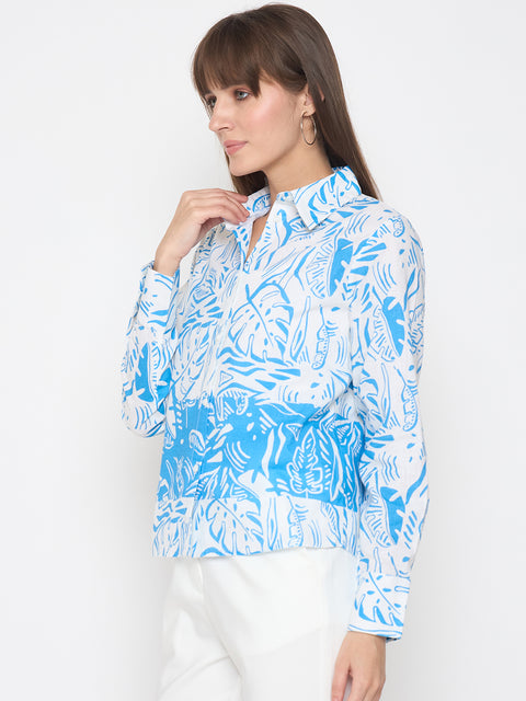 Madame Botanical Print Button Up Front Aqua Blue Shirt