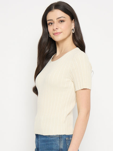 Madame Beige Viscose Blend Knitted T-Shirt