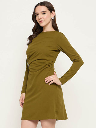 Madame Side Buckle Detail Olive Green Mini Dress
