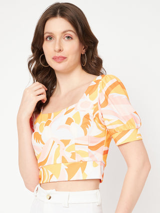 Madame Marble Print Square Neck Tangerine Orange Crop Top