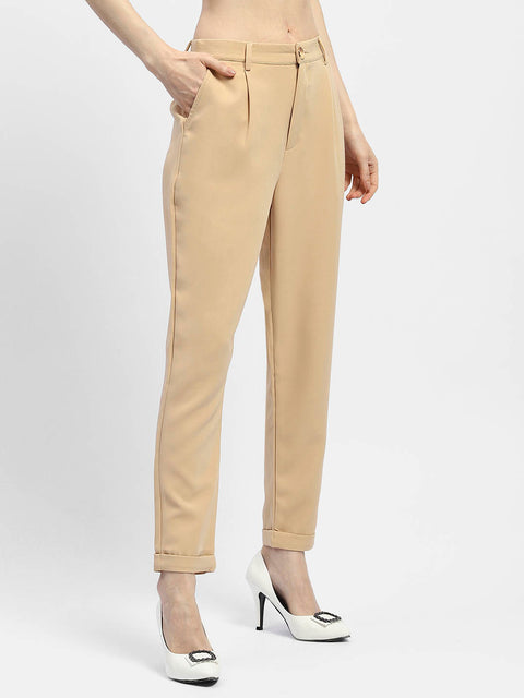 Madame Solid Beige Tapered Trousers