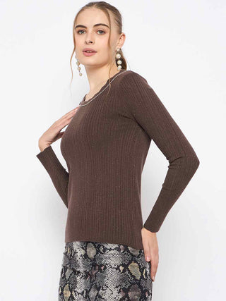 Madame Scalloped Neck Solid Brown Sweater