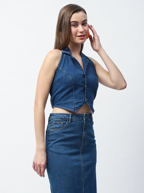 Madame Button-Down Dark Blue Halter Denim Crop Top