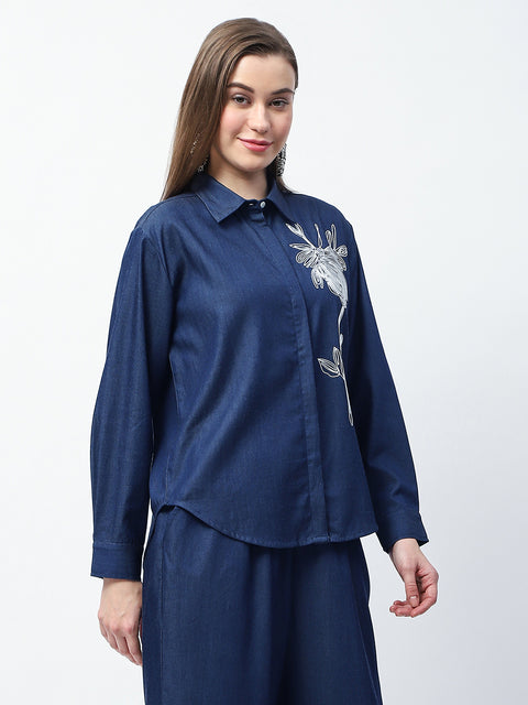 Madame Dori Embroidered Navy Blue Cotton Blend Shirt