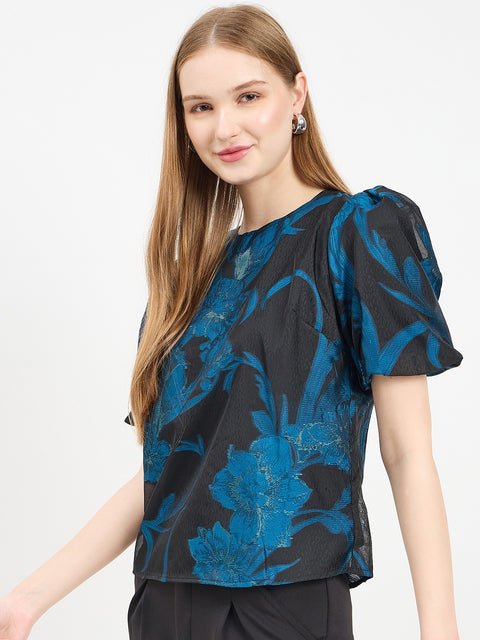 Madame Textured Teal Puff Sleeve Top