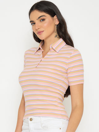 Madame Rayon Blend Striped Pink Polo T-shirt
