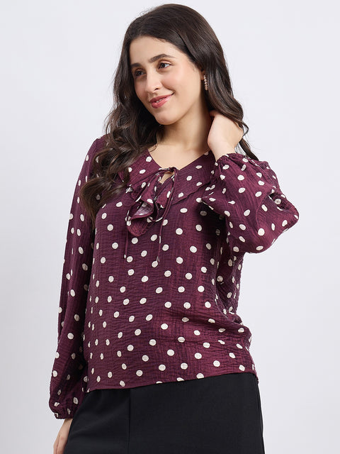 Madame Wine Polka Dot Print Ruffle Collar Top