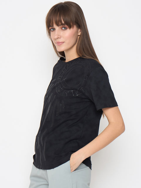 Madame Swarovski Detailed Graphic Print Charcoal Black Tshirt