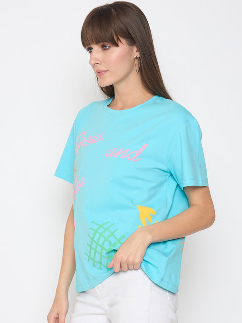 Madame Handwork and Embroidery Detail Aqua Blue T-shirt