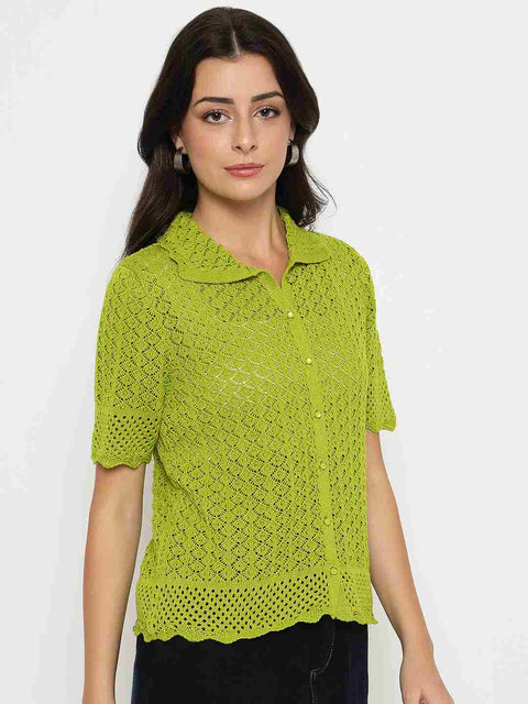 Madame Scalloped Hem Mehendi Green Knitted Polo Top