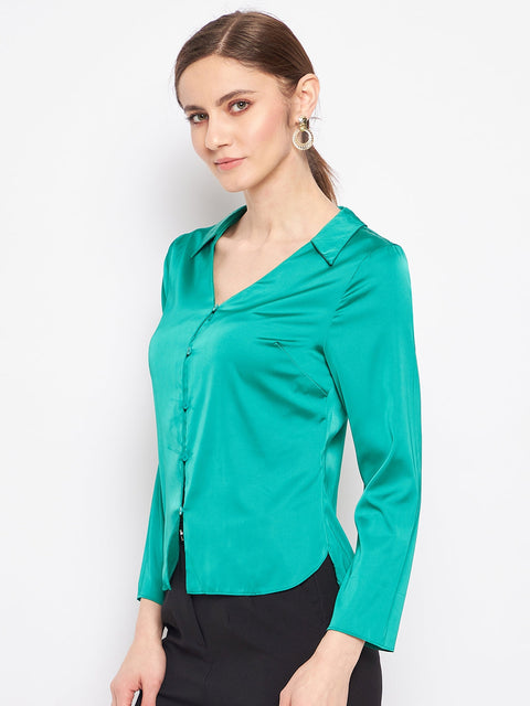 Madame V-Neck Solid Green Satin Shirt