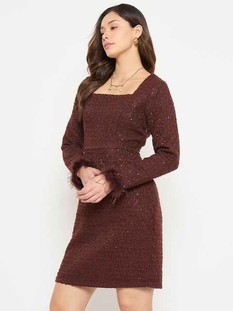 Madame Brown Bodycon Dress with Feather Trim Sleeves