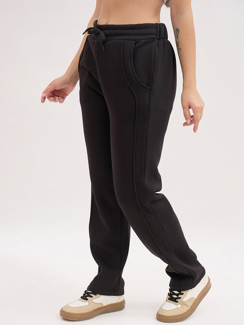 Madame Black Cotton Track Pants with Drawstring