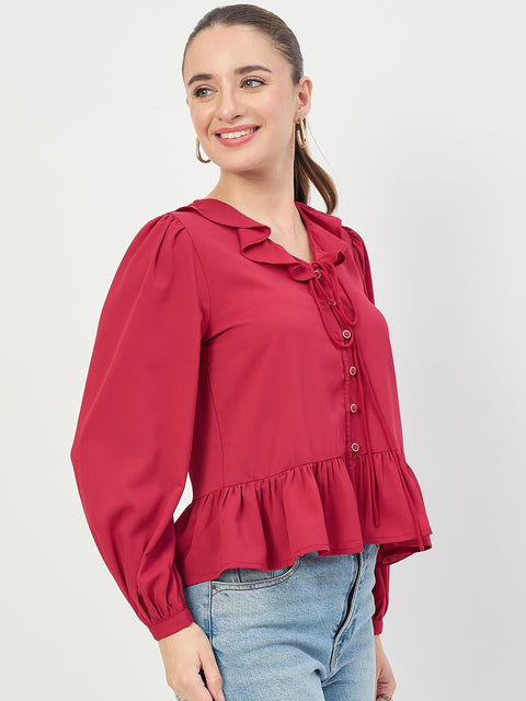 Madame Maroon Frill Sleeve Ruffle Neck Top