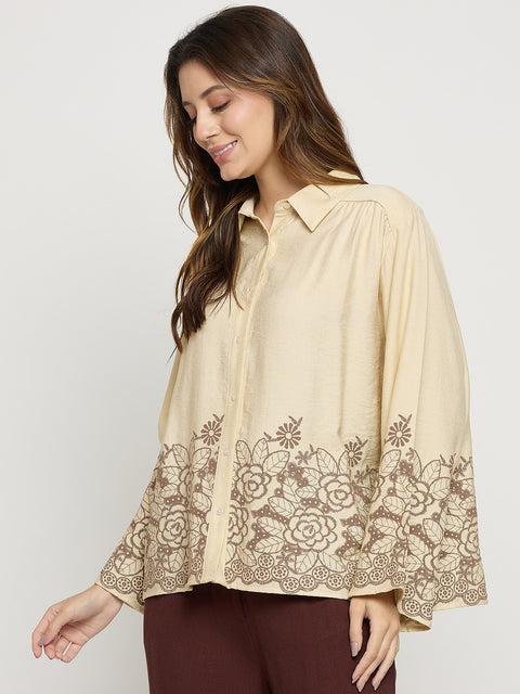 Madame Beige Embroidered Rayon Full Sleeve Shirt