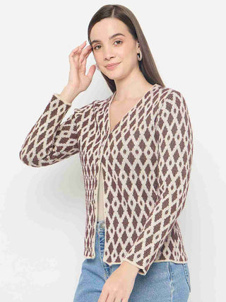 Madame Geometric Print Button Up Brown Cardigan