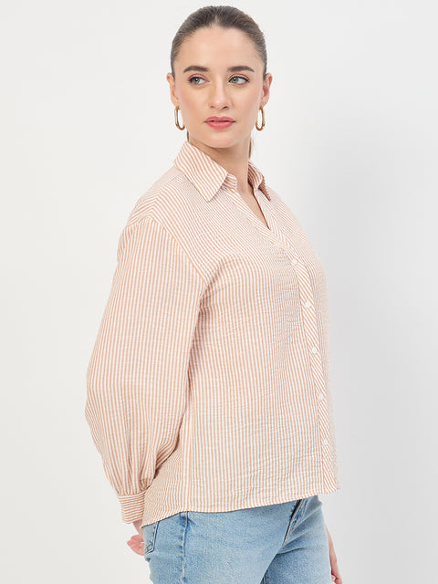 Madame Beige Ruched Sleeve Full Sleeve Shirt