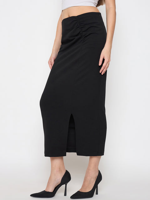 Madame Ruched Solid Black Pencil Skirt