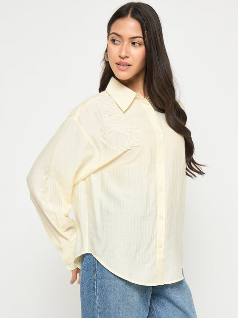 Madame Botanical Embroidery Off White Rayon Blend Shirt