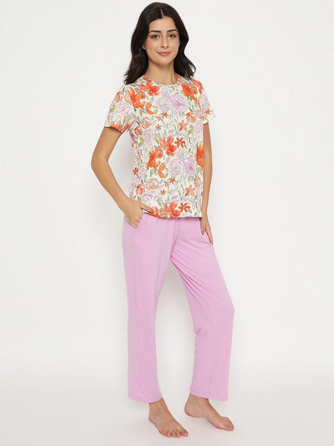 mSECRET Botanical Print Top and Solid Bottoms Lavender Night Suit