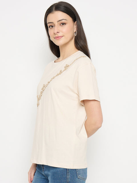 Madame Beige Cotton Printed T-Shirt